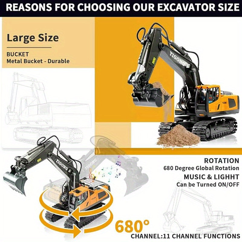 1:20合金挖掘机（11渠道），能够进行前进、后退、左转、右转、转台680度、手臂可挖掘，适合作为圣诞节礼物