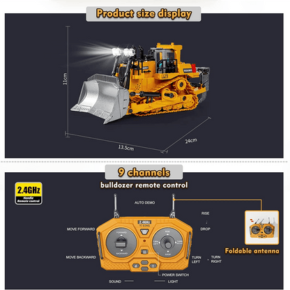 1:24合金推土机（9渠道），能够进行前进、后退、左转、右转、声音，适合作为圣诞节和生日礼物